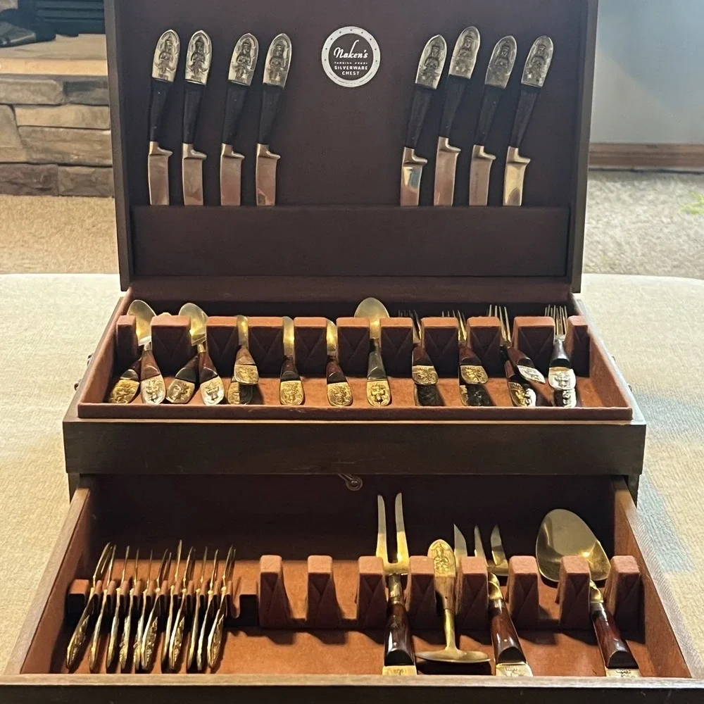 Vintage Siam Bronzeware Brass Flatware Set 41 pc Rosewood Thailand Nakens Case
